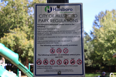 Sign – City of Hillsboro Park Regulations – closed dusk to dawn – dogs on leash – no smoking, fires, alcohol